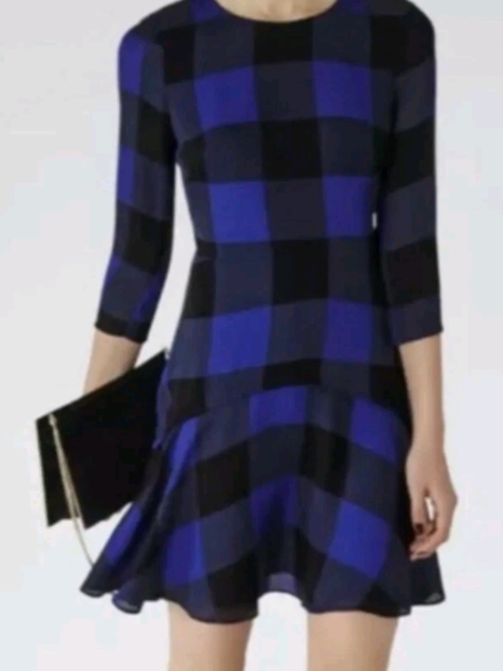 Reiss Blue and Black Kayleigh Long-Sleeve Fit & Flare Dress